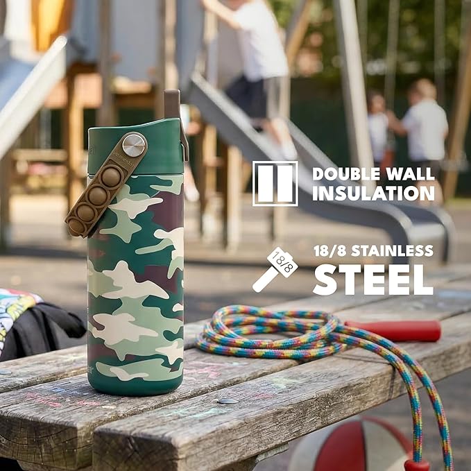 Elemental Insulated Kids Water Bottle, Stainless Steel Water Bottle with Straw Lid & Pop-It Handle, Leak-Proof Water Bottles for School, Boys or Girls, Travelling and Sports, 18oz - Green Camo