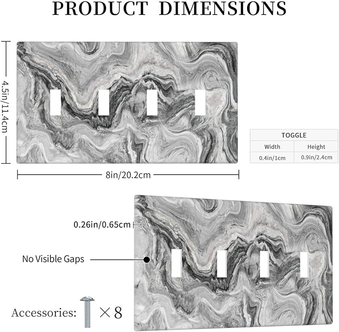 Beautiful Grey Marble Texture Simple Abstract Print Light Switch Covers Quad Toggle Electrical Faceplate 4 Gang Wall Plate Decorative Switch Plates for Bathroom Kitchen Decor