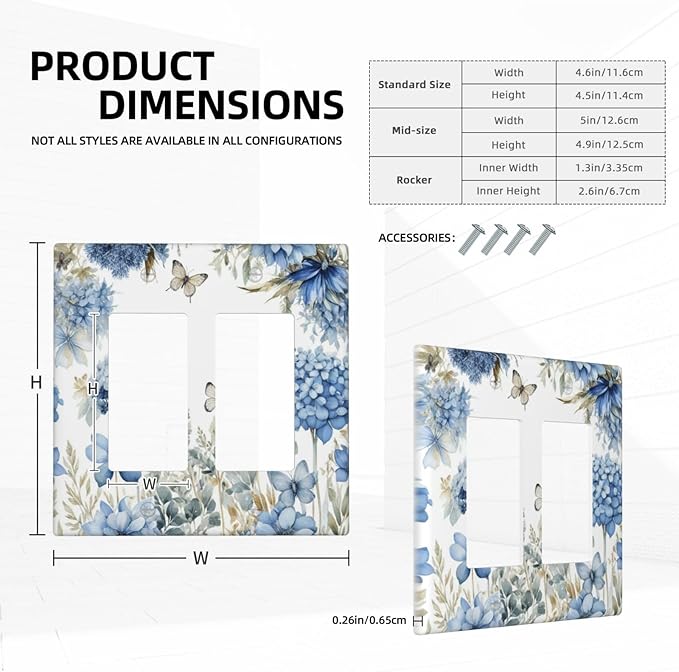 Decorative Outlet Covers Boho Blue Flowers Rustic Beige Butterfly Leaves 2 Gang Wall Plate Double Rocker Switch Light Switch Plate Covers Jumbo Dual Electrical GFCI Switch Cover Plate