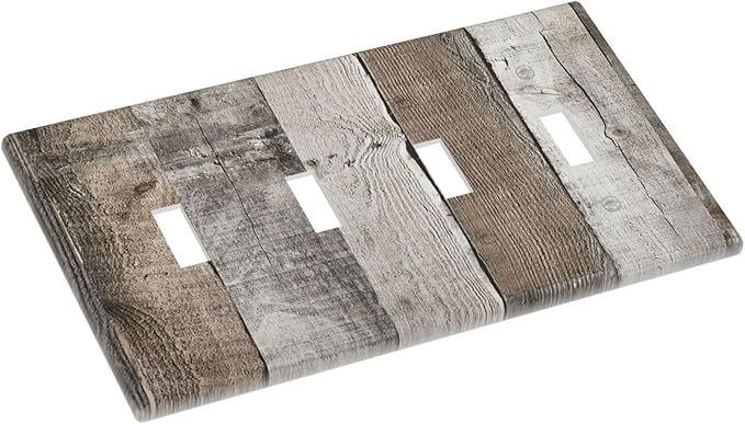 Natural Grey Wood Vintage Faux Wood Grain Light Switch Covers Quad Toggle Electrical Faceplate 4 Gang Wall Plate Decorative Switch Plates Cover for Farmhouse Home Decor