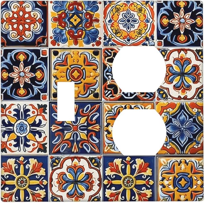 Mexican Talavera Tiles Flower Vintage Wallplates 1 Toggle 1 Duplex Switch Plate Electrical GFCI Faceplate Decorative Light Switch Covers for Kitchen Bathroom Decor