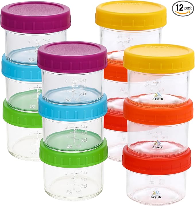 ARSUK 4 oz Glass Food Storage Containers with Screw Lids (12 Pack) - Small Glass Jars for Sauces, Spices, and Meal Prep - Reusable, Dishwasher, Microwave, Fridge, and Freezer Safe