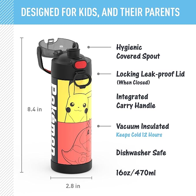 THERMOS FUNTAINER 16 Ounce Stainless Steel Vacuum Insulated Bottle with Wide Spout Lid, Pokemon