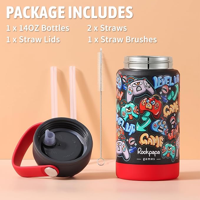 rockpapa 14 oz Kids Insulated Water Bottle，Stainless Steel Toddler Cups with Straws, BPA Free, Leak-Proof, Kids Water Bottle for School Boys&Girls (Black Games)