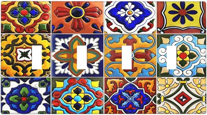 Vintage Colorful Boho Mexican Moroccan Tile Light Switch Covers Quad Toggle Electrical Faceplate 4 Gang Wall Plate Decorative Switch Plates for Farmhouse Home Decor
