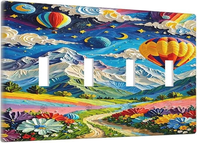 Hot Air Balloons Floral Vibrant Colors Flowers Mountains Stars Moon Light Switch Covers Quad Toggle 4 Gang Wall Plate Decorative Switch Plates Electrical Faceplate for Bedroom Kids Room Decor