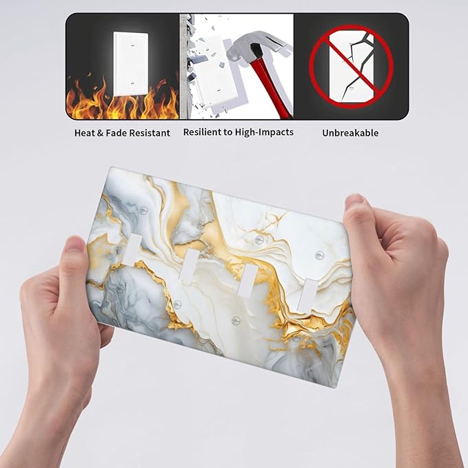 Exquisite White Gold Marble Abstract Luxurious Print Light Switch Covers Quad Toggle Electrical Faceplate 4 Gang Wall Plate Decorative Switch Plates Cover for Bathroom Kitchen Decor