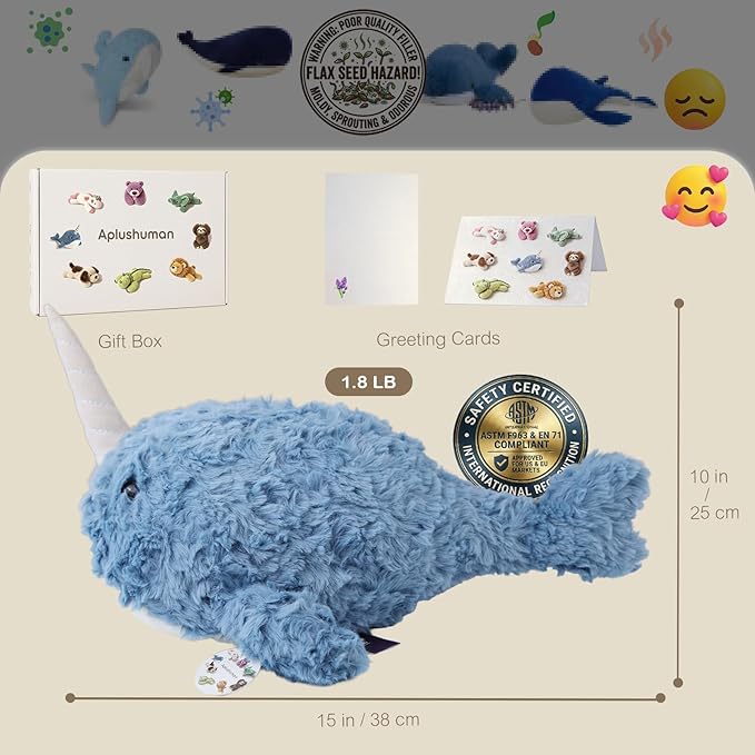 Aplushuman® Microwavable Heating Pad Narwhal Plush - Weighted Stuffed Animal Toy with Tourmaline Beads & Lavender - 1.8 lb for Long Lasting Cozy Warmth - Includes Gift Box & Greeting Card