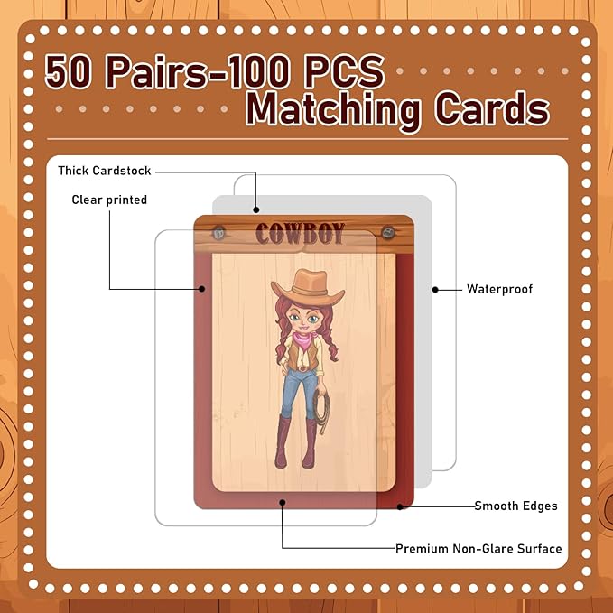 gisgfim 100 PCS Memory Matching Game Cowboy Concentration Memory Card Games for Kids Educational A Fun & Fast Western Party Favor Wild West Theme Matching Games