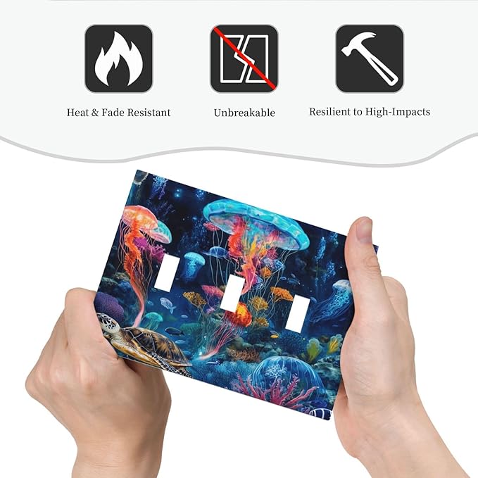 Jellyfish Sea Turtle Fantasy Ocean Coral Underwater World Decorative Switch Plates 3 Gang Wall Plate Triple Toggle Light Switch Cover Faceplate Electrical Wall Panels for Nursery Kids Room Decor