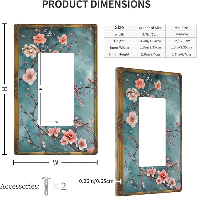 Decorative Art Light Switch Covers Vintage Chinoiserie Oriental - Teal Birds and Floral Branch 1 Gang Rocker Outlet Wall Plate Switchplate Electrical Faceplate for Home Decor