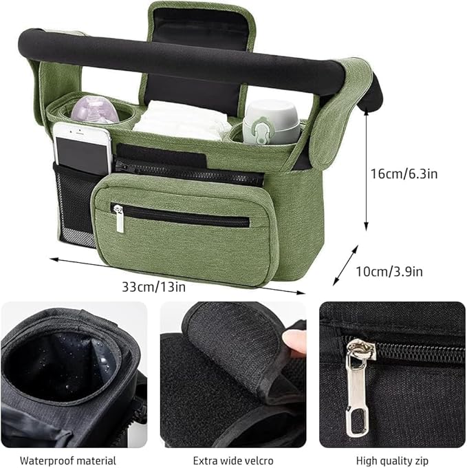 Baby Stroller Organizer, Universal Stroller Organizer with Detachable Phone Bag, Stroller Caddy with 2 Insulated Cup Holders, Buggy Organizer Bag with 2 Hooks Fits Most Strollers (Green)