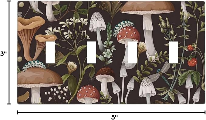 Vintage Boho Hippie Plant Mushroom 4 Gang Device Light Switch Cover Decorative Quad Toggle Wall Plate Decorative Electrical Faceplate for Home Bedroom Art Decorate