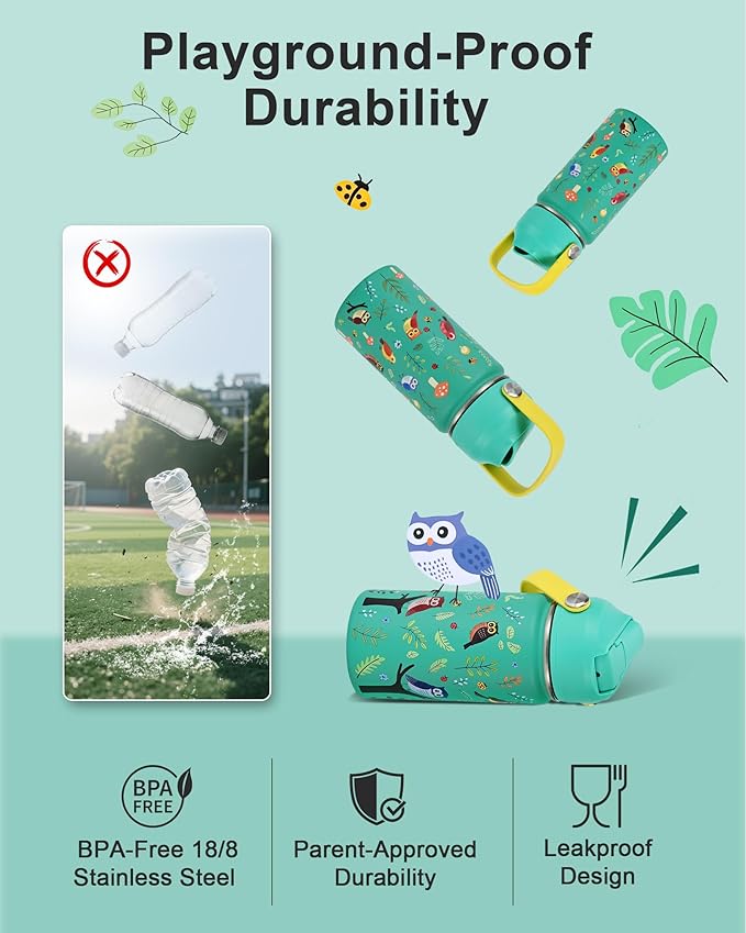 WixByti Kids Water Bottle 14oz with Silicone Straw Lid - Insulated Toddler Water Bottle Stainless Steel Keeps Cold 24H, Leak Proof & Birds Prints Design | Custom Name Tag for School, Daycare, Travel