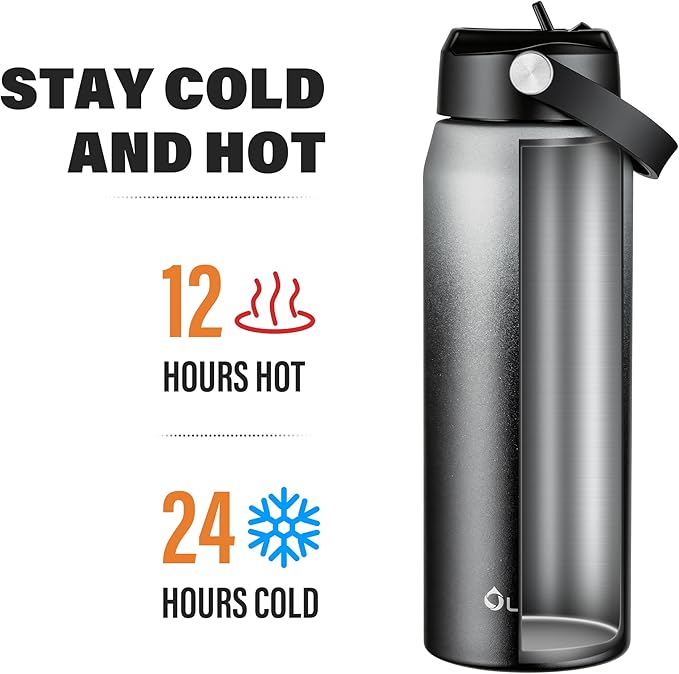 Oldley 24oz Insulated Water Bottle with Straw, Stainless Steel Water Bottle for Sports, Travel, School, BPA-Free Sports Bottles for Adult Kids, Leak-Proof, Gray-Black