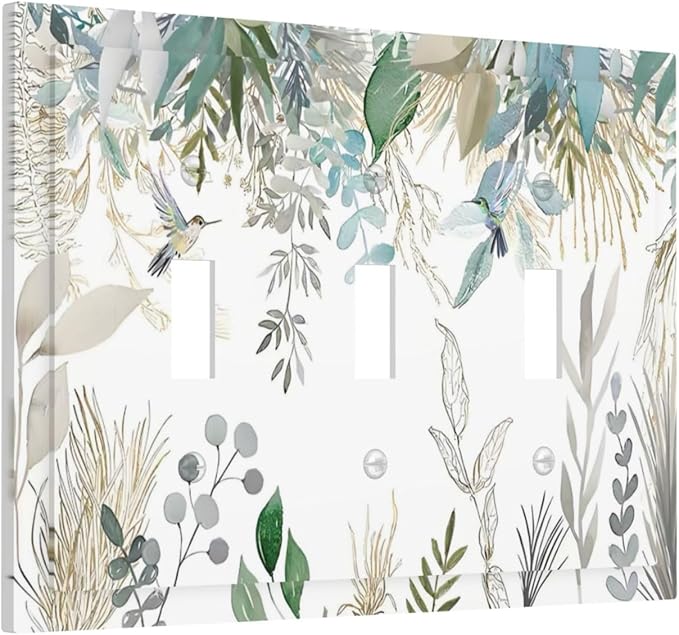 Green Tropical Palm Leaves Flower Plants Hummingbird Decorative Switch Plates 3 Gang Wall Plate Triple Toggle Light Switch Cover Faceplate Electrical Wall Panels for Bed Room Living Room Decor
