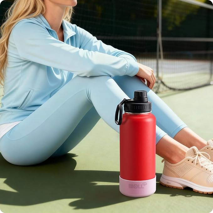 Insulated Water Bottle-32 oz Stainless Steel Vacuum Wide Mouth Sports Water Flask with Spout Lid-Reusable Metal Travel Water Bottle with Silicone Boot, BPA-Free(Canyon Red)