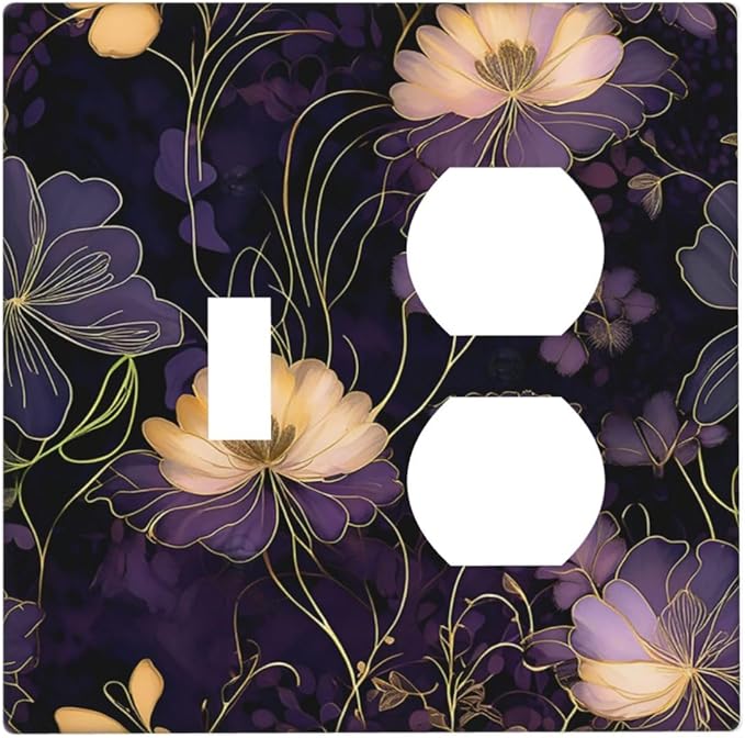 Modern Boho Vintage Gold Purple Dark Floral Modern Abstract Flowers Wallplates 1 Toggle 1 Duplex Electrical Gfci Faceplate Decorative Light Switch Covers Switch Plate for Bedroom Living Room Decor