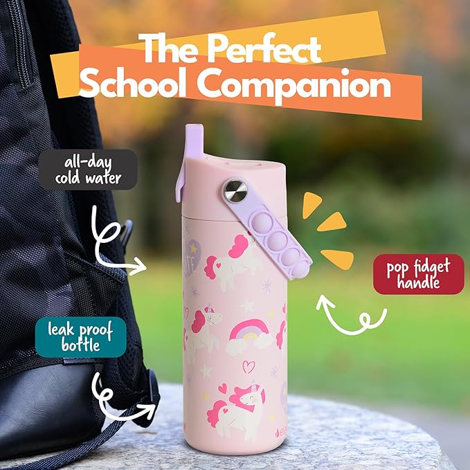 Elemental Insulated Kids Water Bottle, Stainless Steel Water Bottle with Straw Lid & Pop-It Handle, Leak-Proof Water Bottles for School, Boys or Girls, Travelling and Sports, 18oz - Unicorn Magic