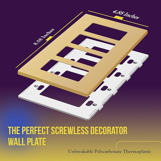 ENERLITES Screwless Quadruple Decorator Switch Cover, Four Gang Wall Plate, Gloss Finish, Mid-Size 4-Gang 4.88" x 8.58", Unbreakable Polycarbonate Thermoplastic, UL Listed, SI8834M-GD, Gold