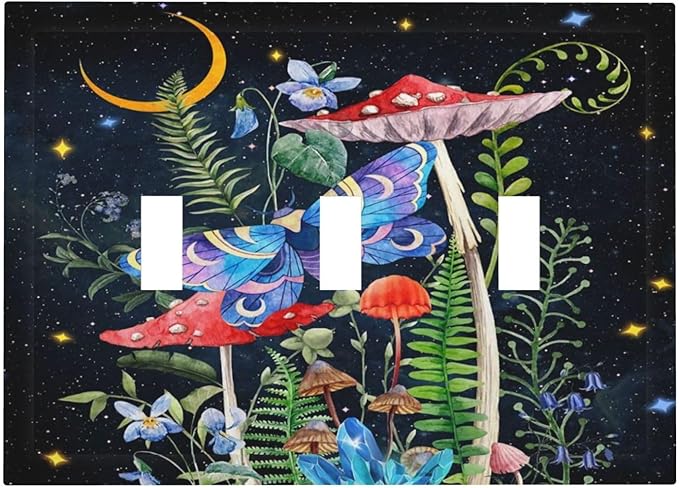 Hippie Mushroom Boho Starry Moon Night Stars Butterfly Vintage Floral Triple Toggle Decorator Outlet Light Switch Wall Plate Cover Decorative 3 Gang Jumbo Size Three Device Receptacle Faceplate Cover