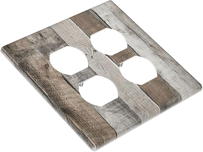 Natural Grey Wood Vintage Faux Wood Grain Outlet Covers 2 Gang Double Duplex Decorative Light Switch Covers Electrical Wallplates Socket Faceplate for Farmhouse Home Decor
