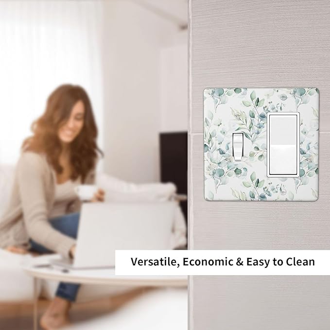Green Eucalyptus Leaf 2 Gang Single Toggle/Rocker Combination Light Switch Cover Decorative Wall Plate Cover Electrical Faceplate Art Decor