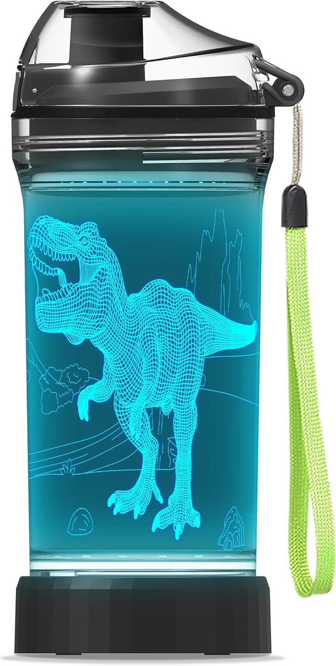 YuanDian Light Up Kids Water Bottle with 3D Dinosaur Tyrannosaurus Rex Design- 14 OZ Tritan BPA Free - Cool Drinking Cups Gift for School Kids Boy Girl Child Christmas Holiday