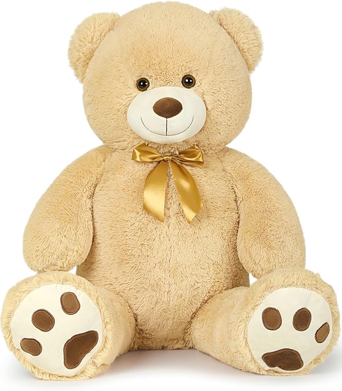 MaoGoLan Giant Teddy Bear Stuffed Animal, 39" Large Tan Teddy Bear Plush Toy with Cute Bow Tie & Footprints, Soft Sunggle Bear Plushies Gift for Kids Grilfriend Wife on Christmas Birthday Baby Shower