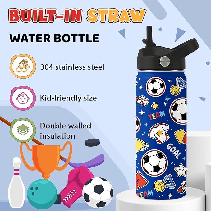 Soccer Gifts for Kids - 18 Oz Kids Water Bottle with Straw Lid, Stainless Steel Insulated Tumbler, Leak Proof, BPA-Free, for Girls, School, Travel - Soccer Lovers Children Birthday Gifts Cups(1pc)