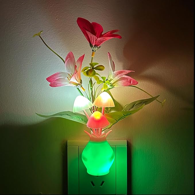 Plug-in Night Light with Auto Light Sensor, RGB LED Mushroom Night Light Wall Based Flower Lamp 1W Energy Efficient Nursery Nightlight for Kids Room, Bedroom, Nursery, Lounge, Hallway and Stairs