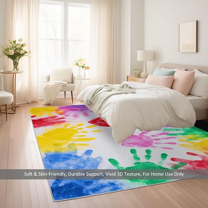 Abstract Handprint Pattern Washable Kids Area Rug 5.2×8ft Colorful Ultra Soft Non-Slip Rug for Living Room Bedroom Nursery Kids Girls Boys Teen Dorm