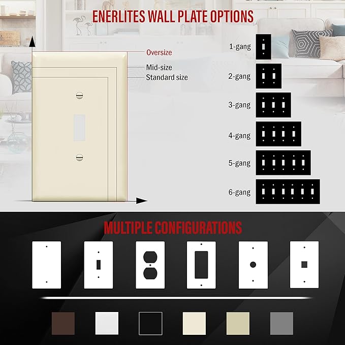 ENERLITES Toggle Light Switch Wall Plate, Jumbo Switch Cover, Gloss Finish, Oversized 1-Gang 5.5" x 3.5", Unbreakable Polycarbonate Thermoplastic, 8811O-LA-10PCS, Light Almond, 10 pack
