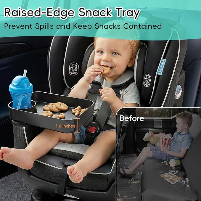 Kids Car Seat Tray, Travel Tray with Cup Holder for Toddler Baby, Kids Car Seat Food Snack Organizer for Road Trip, Stroller Snack Organizer Travel Must Haves Toddler Must Haves (Black, 1 Pack)