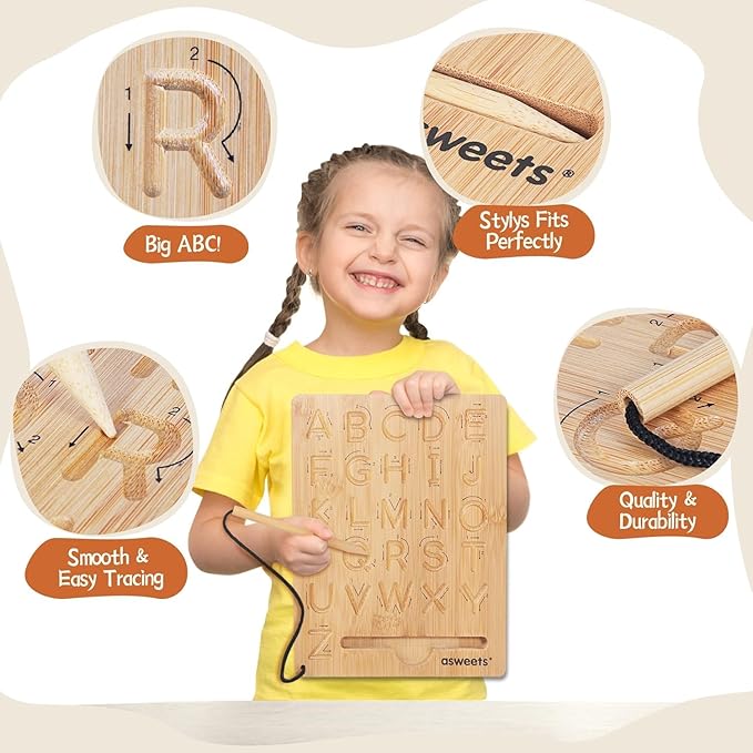 Asweets Montessori Wooden Alphabet Tracing Board, Wood Letter Practicing Board,Double-Sided Boards for Toddlers and Preschool Gifts for Kids(1 Piece) (Pack of 2)