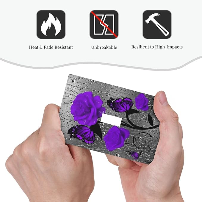Bathroom Purple Rose Light Switch Cover 1 Gang Single Toggle Wall Plate Cover Butterfly Valentine's Day Elegant Violet Pretty Flower Faceplate Switchplate Girls Women Bedroom Room Art Panel Decor