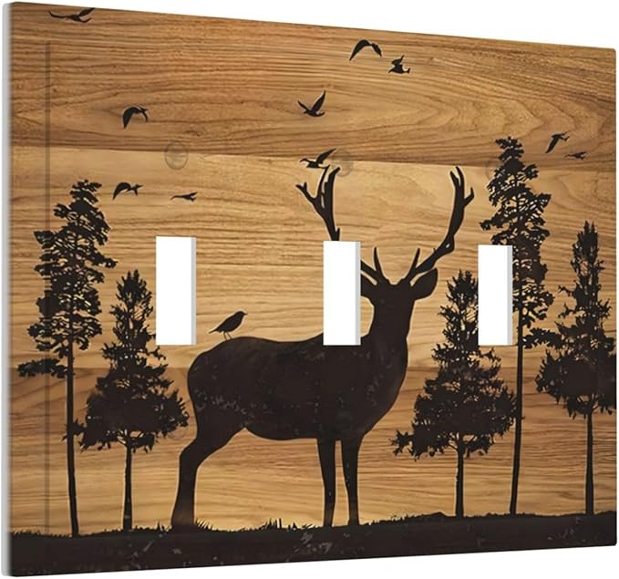 Elk Moose Forest Hunting Pyrography Art Wood Texture Print Decorative Switch Plates 3 Gang Wall Plate Triple Toggle Light Switch Cover Faceplate Electrical Wall Panels for Farmhouse Bedroom Decor