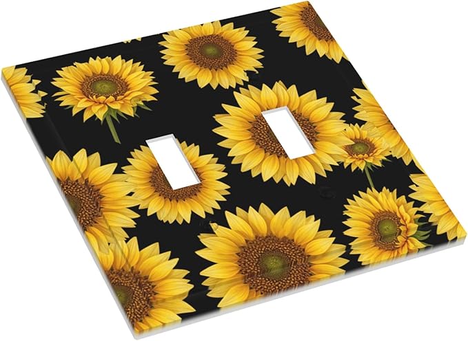 Sunflower Fields Double Toggle Switch Cover - 2-Gang Standard US Size Vibrant Sunflower on Black Light Switch Covers, Boho Sunny Garden for Bedroom Decor