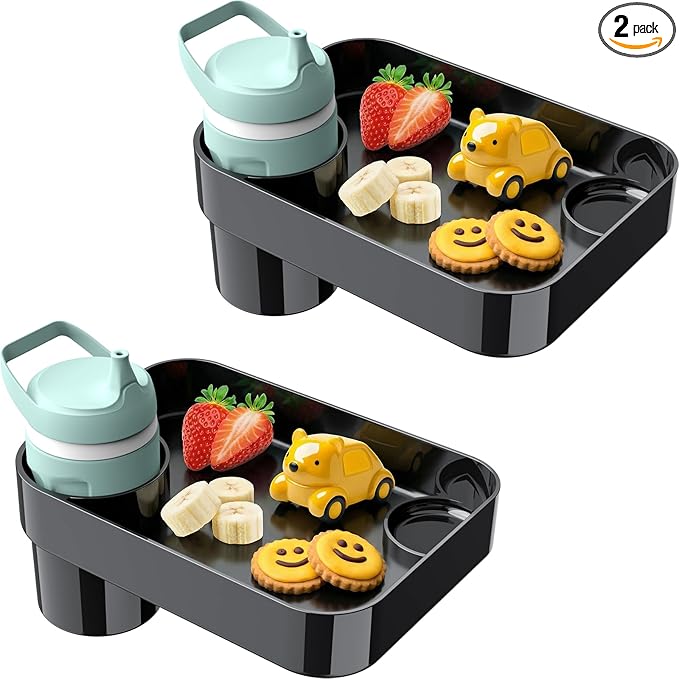 [2 Pack] Car Seat Snack Tray for Toddlers - 3 Inch Cup Holder Fits Most Sippy Cups & Straw Bottles with Dip Well, Mess-Free Square Kids Travel Tray Road Trip Essentials, Black, 2
