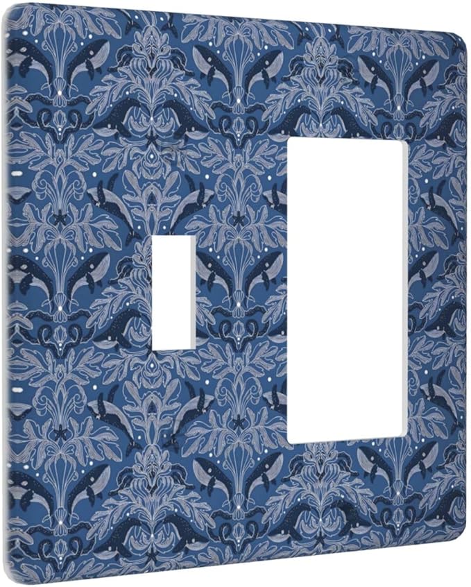 Blue Modern Nautical Art Whale Fish Ocean Damascus Outlet Covers 1 Toggle 1 Rocker Combination Decorative Wall Plate Electrical Switch Plates Light Switch Cover Plate for Bedroom Living Room Decor