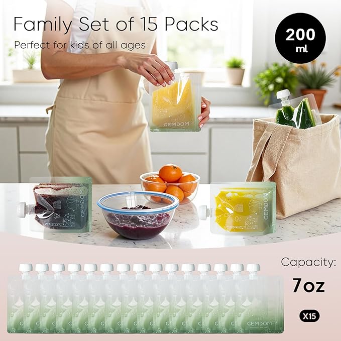 15 Pack Reusable Baby Food Pouches for Toddlers, 7oz/200ml Refillable Squeeze Pouch for Applesauce Yogurt Homemade Organic Puree Juice Snack for Baby Kids Students, BPA Free, Animal Print
