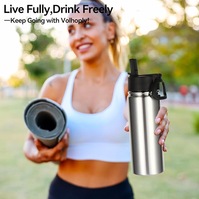 Volhoply 18oz Insulated Water Bottle Bulk 8 Pack,Kids Stainless Steel Water Bottles with Straw,Reusable Metal Water Bottle,Double Wall Vacuum Sports Water Flask For Cold Drink(Silver,8 Set)