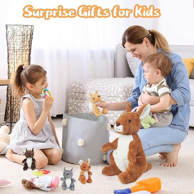 5 in 1 Kangaroo Stuffed Animal with Babies, 16'' Mommy Stuffed Kangaroo Plush Toy with 4 Baby Joey Plush and Pouch, Plush Kangaroos Set for Kids Boys Girls Birthday Christmas Plush Gifts Party Favors