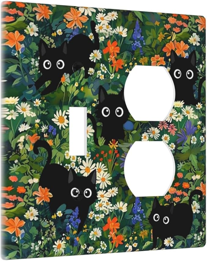 Funny Boho Cute Black Pets Cats Paw 2-Gang 1-Toggle 1-Duplex Device Combination Wallplate Cool Lovely Kawaii Cartoon Kittens One Toggle Switch and One Duplex Receptacle Outlet Combo Light Switch Cover