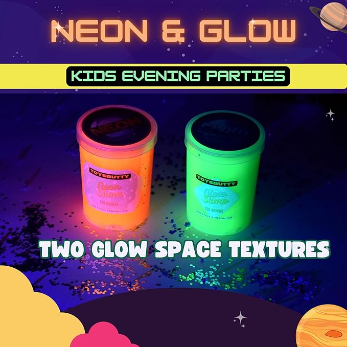 FINOCLAY Galaxy Slime Kit for Kids, 6 Pack Different Scented Strechy Metallic Slime with 15 Space Charms and Mixins, Glow Neon & Clear Putty Toy Set for Girls Boys, Space Adventure Party Toy