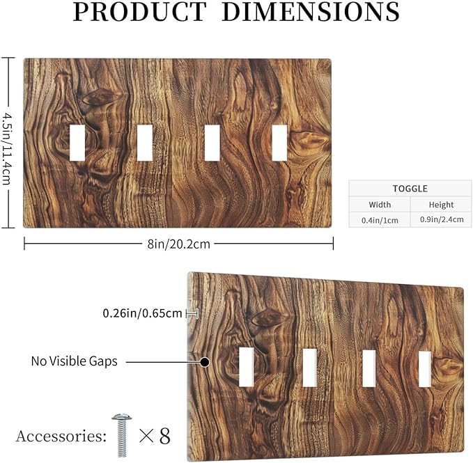 Distressed Wood Brown Wood Texture Light Switch Covers Quad Toggle Electrical Faceplate 4 Gang Wall Plate Decorative Switch Plates Cover for Farmhouse Home Decor