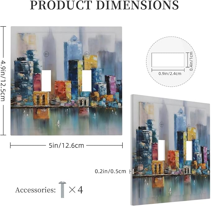 Colorful Nyc Skyline Textured Modern Abstract Decorative Switch Plates 2 Gang Double Toggle Outlet Light Switch Cover Wall Plate Electrical Faceplate for Bedroom Living Room Decor