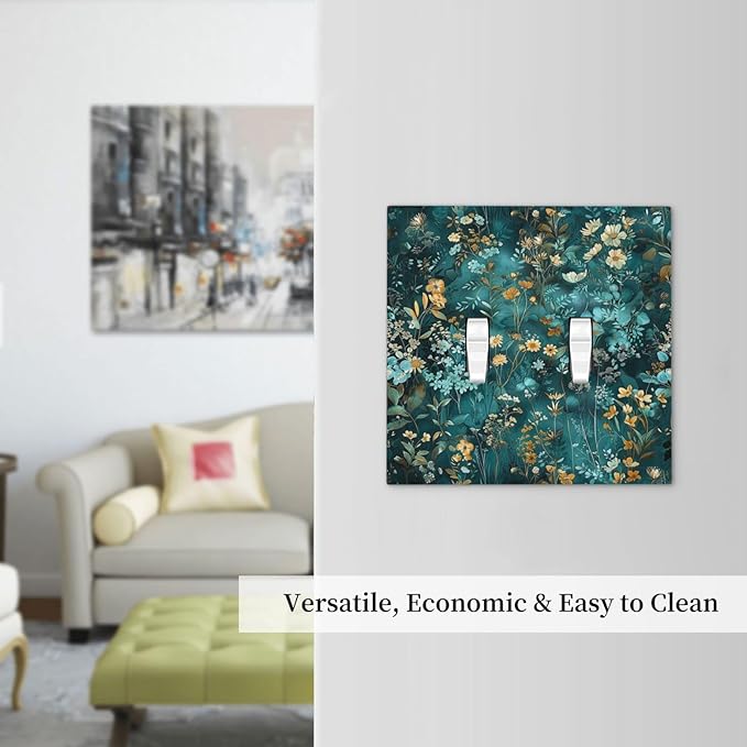 Decorative Switch Plates Green Leaf Floral Boho Golden Flower Plant 2 Gang Double Toggle Outlet Light Switch Cover Wall Plate Electrical Faceplate For Bed Room Cabin Decor