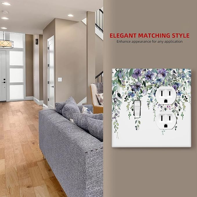 Outlet Covers Blue Purple Eucalyptus Leaves Boho Botanical 2 Gang Decorative Switch Plates 1 Toggle Duplex Combo Light Switch Cover GFCI Socket Cover WallPlates for Bathroom Home Decor