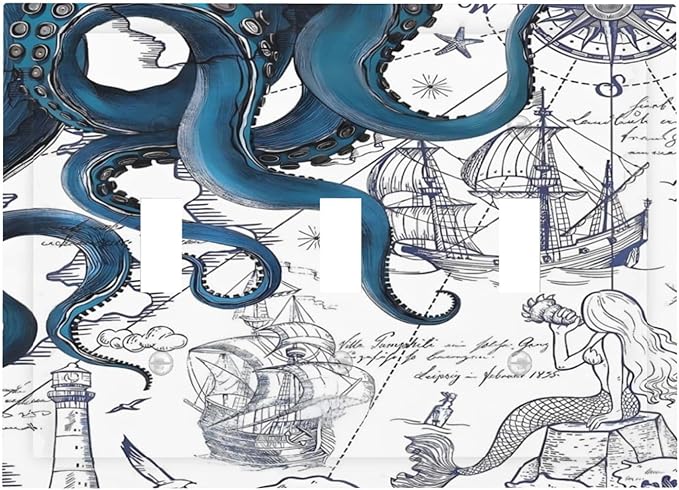 Nautical Vintage Map Octopus Mermaid Lighthouse Boat Decorative Switch Plates 3 Gang Wall Plate Triple Toggle Light Switch Cover Faceplate Electrical Wall Panels for Bathroom Kids Room Decor